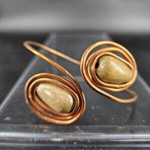 Wire Wrapped Spiral Copper Cuff Bracelet Wooden Bead Jewelry 7" Western Boho